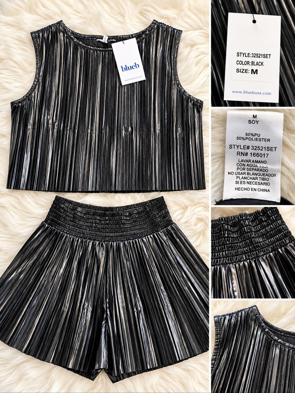 NWT Blue B Black Pleated 2 Piece Top & Shorts Set Size M
